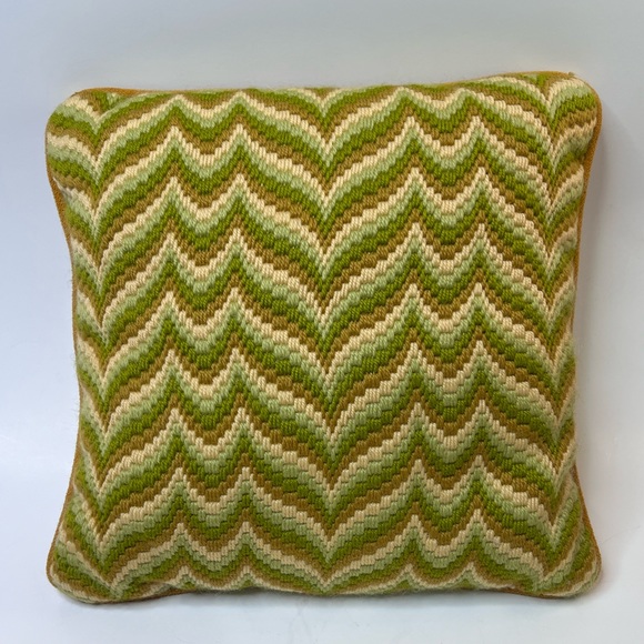 Mid Century Handmade Square Geometric Needlepoint Embroidery Accent Pillow - Picture 1 of 7